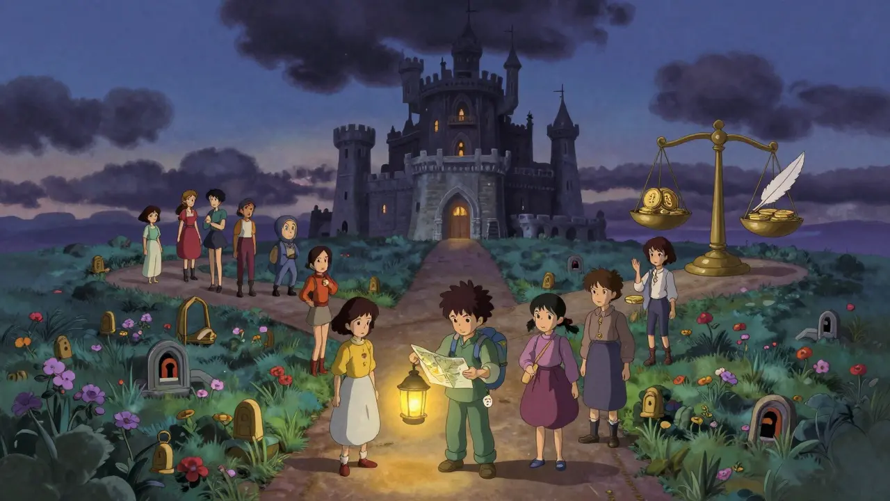 Ghibli characters navigating paths representing crypto staking risks