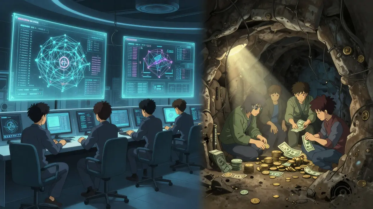 Ghibli-style art contrasting blockchain surveillance with hidden sanction evasion tactics.