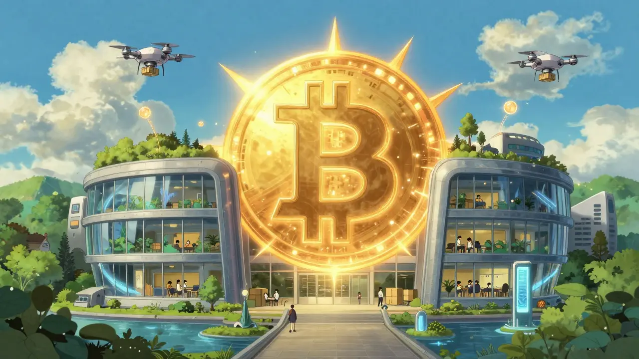 Ghibli-style corporate HQ protected by a golden Bitcoin sun, blending nature and digital finance.