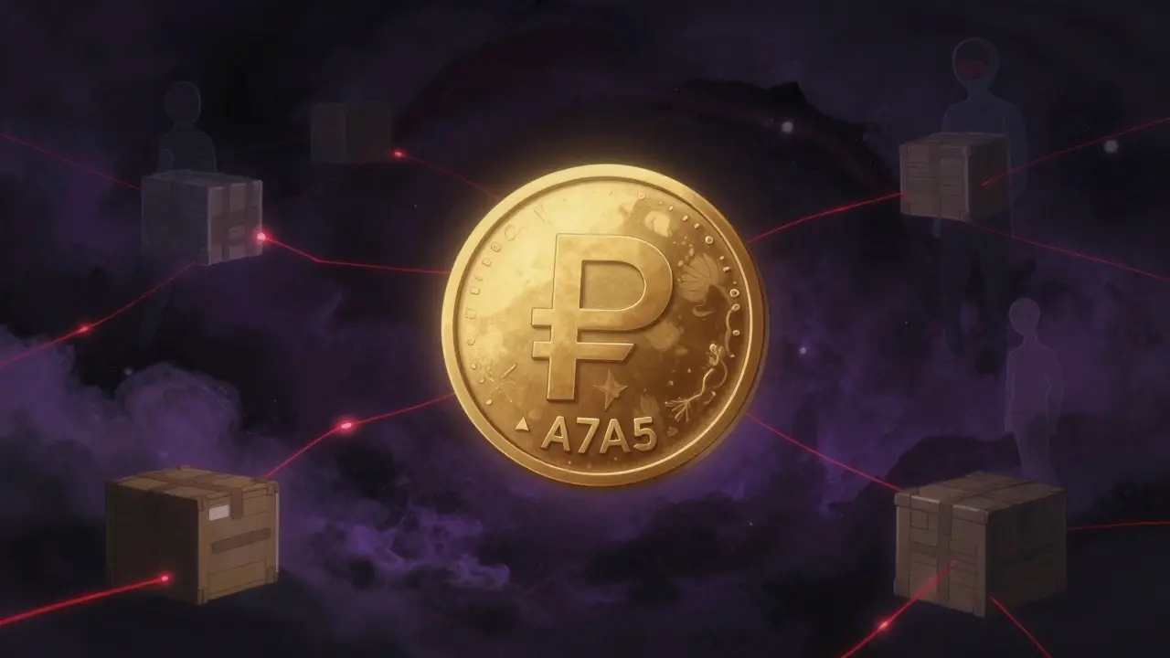 Ghibli-style illustration of a floating stablecoin orb surrounded by shadowy trade connections.