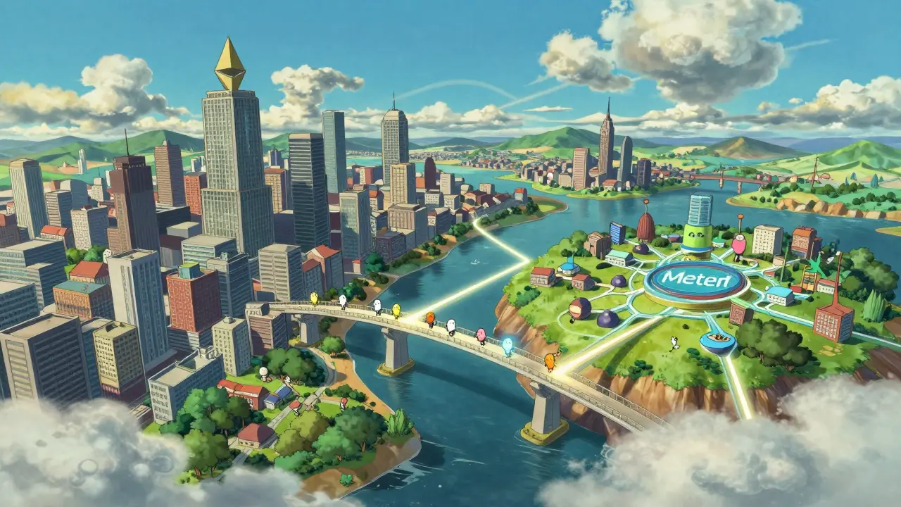 Ghibli-style illustration of a light bridge connecting two different blockchain worlds.