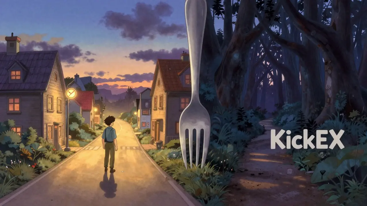 Ghibli-style traveler choosing between a safe path and a dangerous dark forest