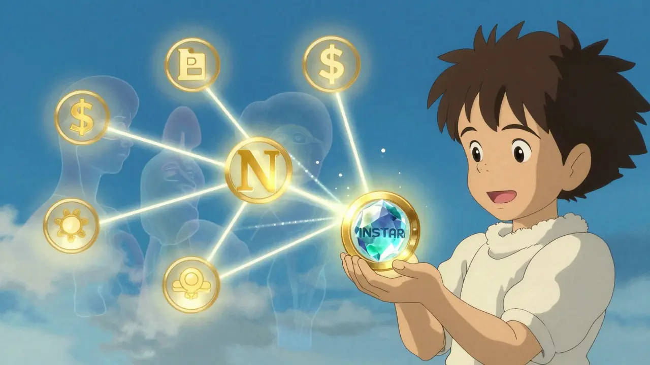 Glowing INSTAR token held by a character with secure network background