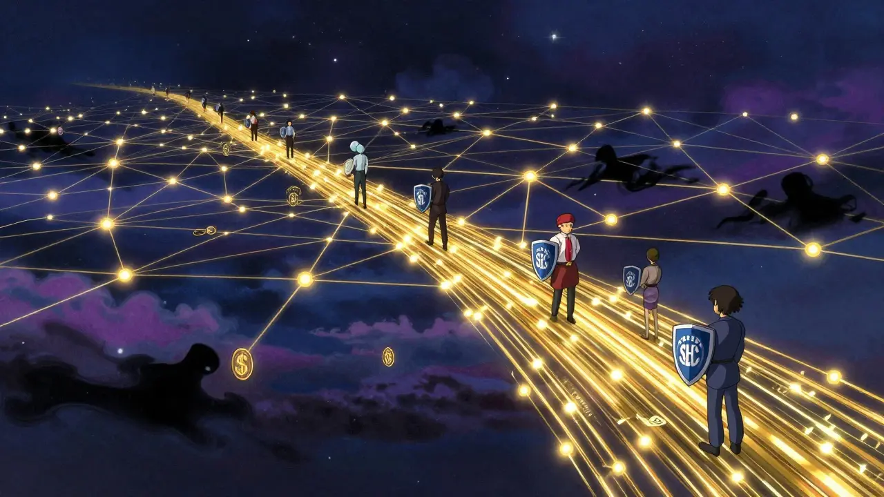 Guardian spirits protecting glowing data streams from dark shadows
