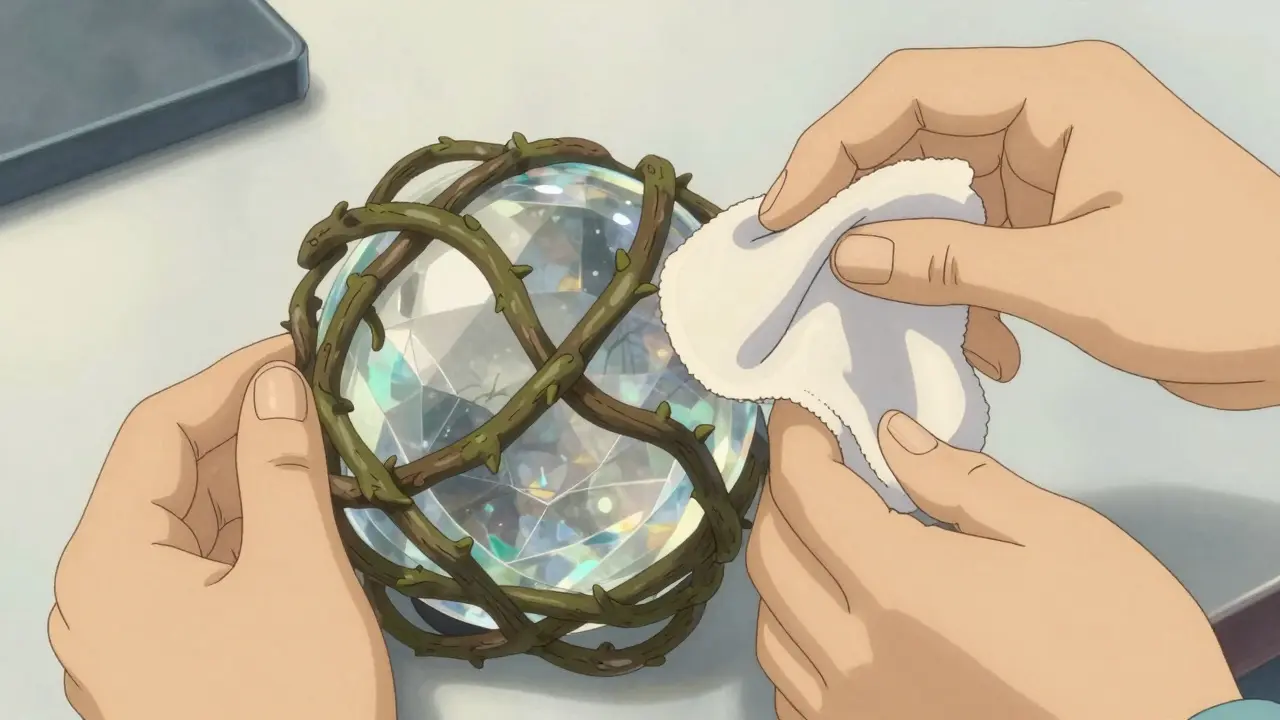 Hands cleaning a crystal to remove tangled metadata vines