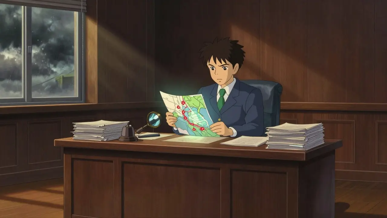 Inspector in a Ghibli-style office examining maps with red markers under dramatic lighting.