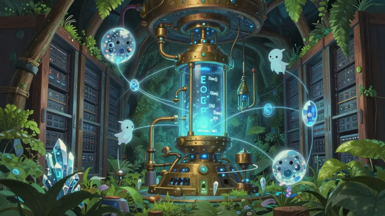 Magical server room with flowing data streams in Studio Ghibli art.