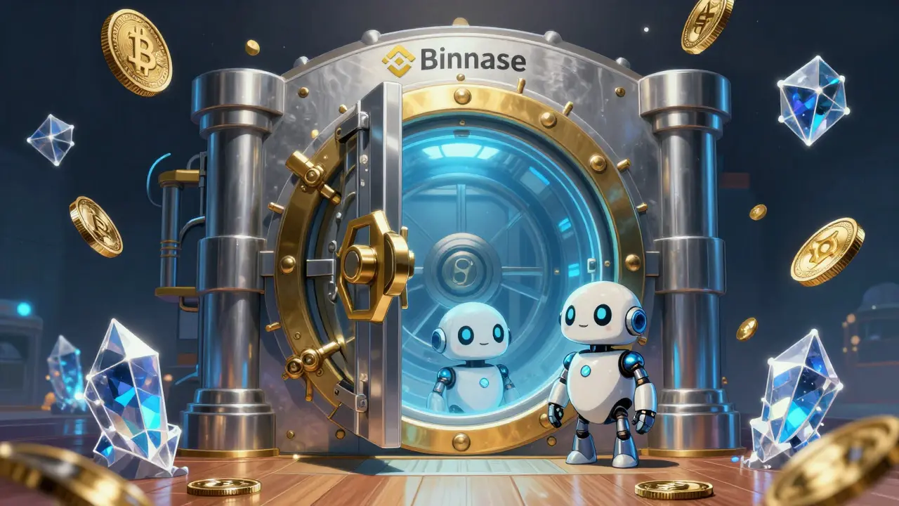 Magical vault guarded by robot symbolizing secure crypto exchange