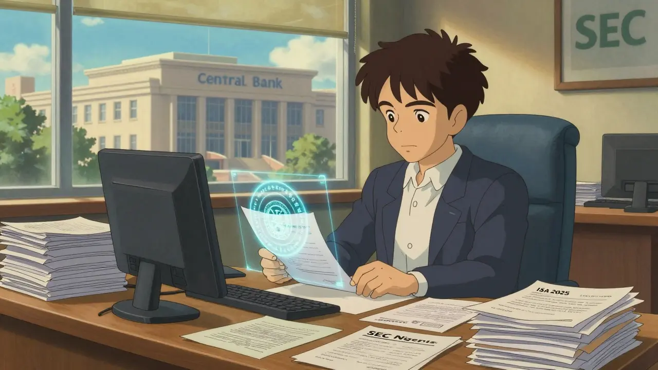 Office worker reviewing SEC licensing docs under warm sunlight