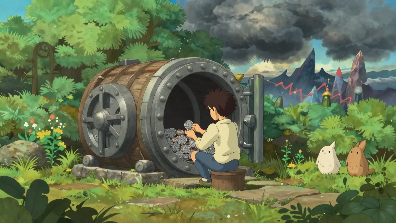 Peaceful scene of secure token staking in a stone vault, contrasting with distant stormy markets.