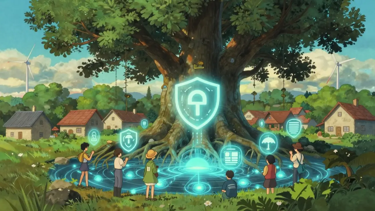 Peaceful village with glowing blockchain roots and security spirits, Ghibli art
