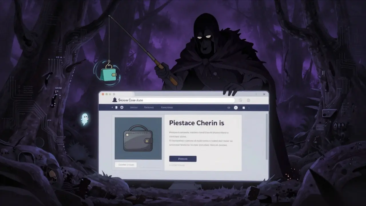 Shadowy figure using a fishing hook to steal wallet data from a user in a dark, mystical forest.