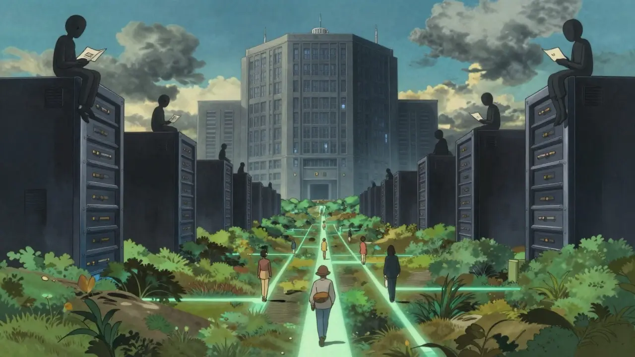 Shadowy observers tracking data paths near a server tower