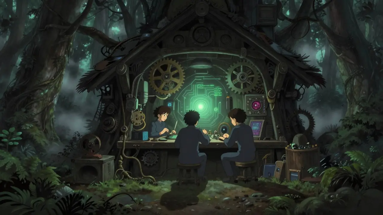 Shadowy workshop with glowing gears in a foggy forest