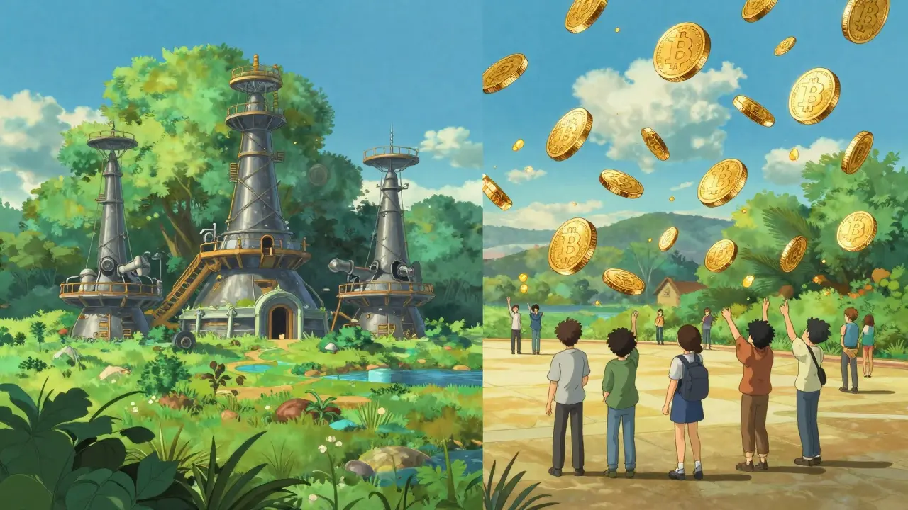 Split landscape showing mining infrastructure and token rewards
