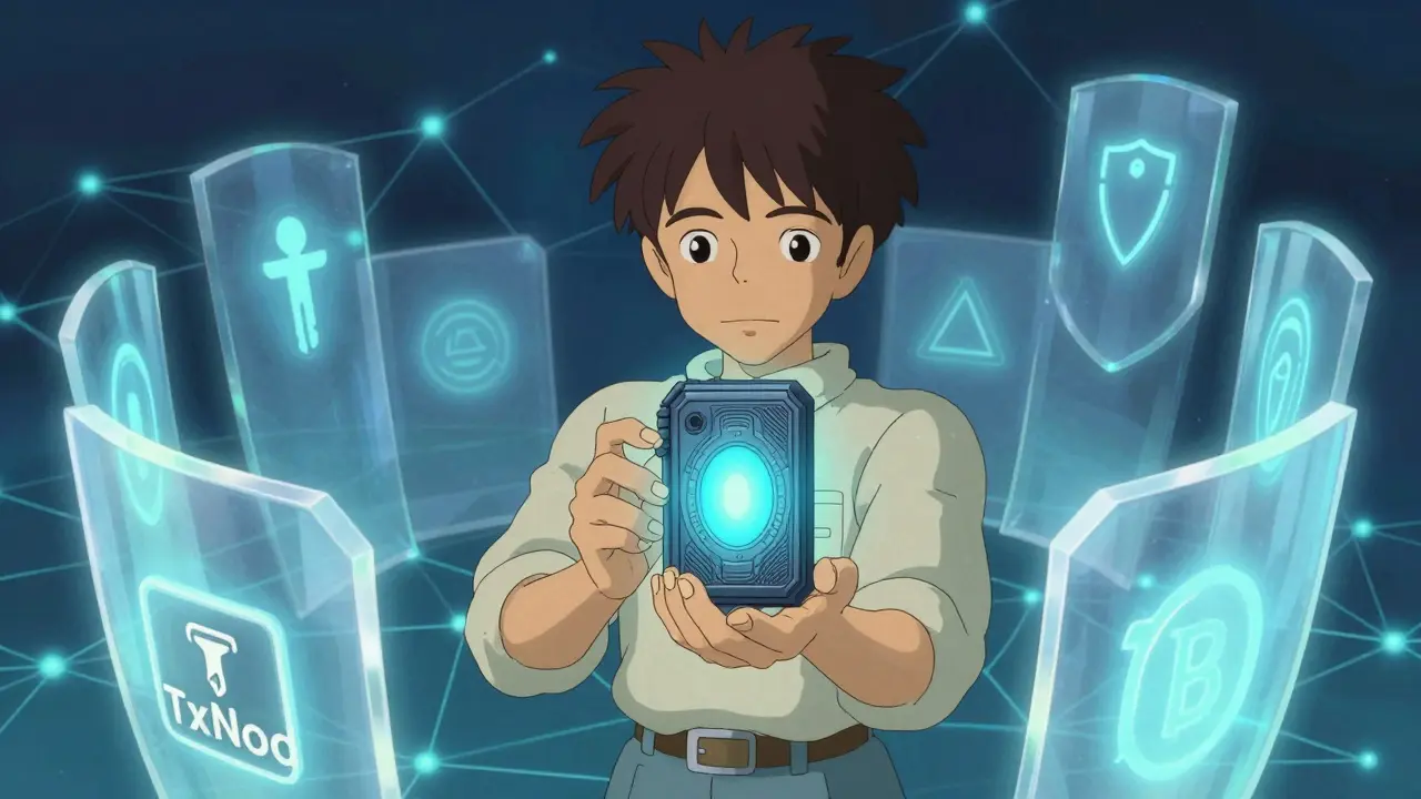 Studio Ghibli style illustration of a glowing hardware wallet with security shields