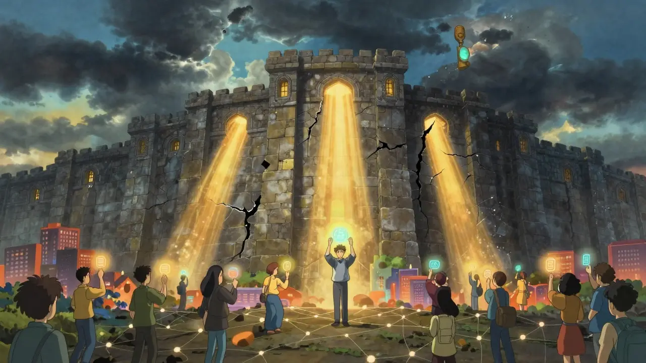 Symbolic wall cracking open to reveal digital freedom