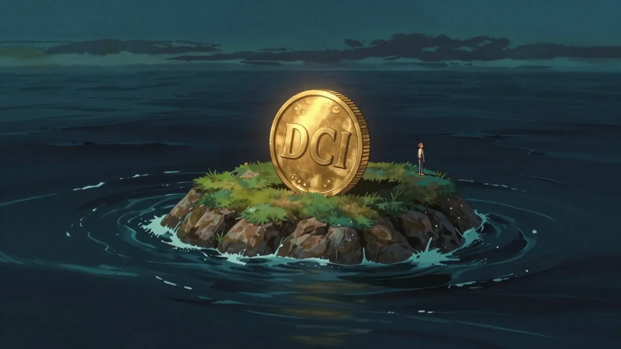 Tiny island with a large gold coin in a vast, choppy ocean