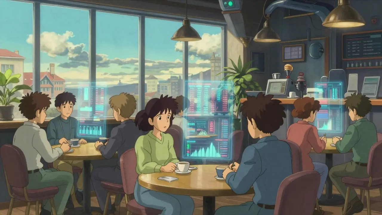 Traders calmly reviewing floating charts in a whimsical, peaceful café-like trading environment.