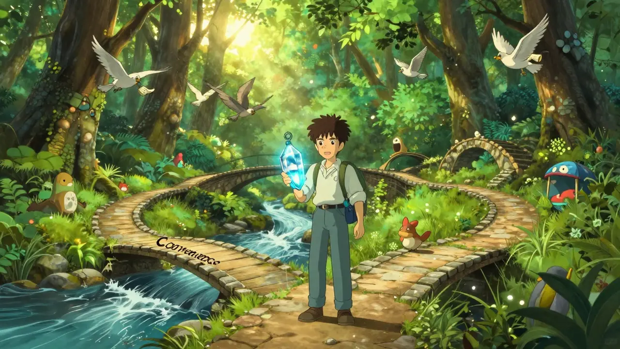 Traveler choosing multiple safe paths over a single risky bridge in a magical forest.