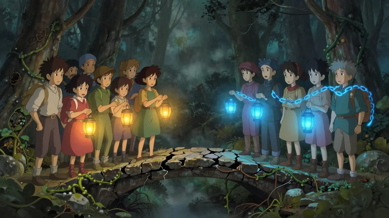 Two groups divided on a cracked bridge in a misty Ghibli-style forest