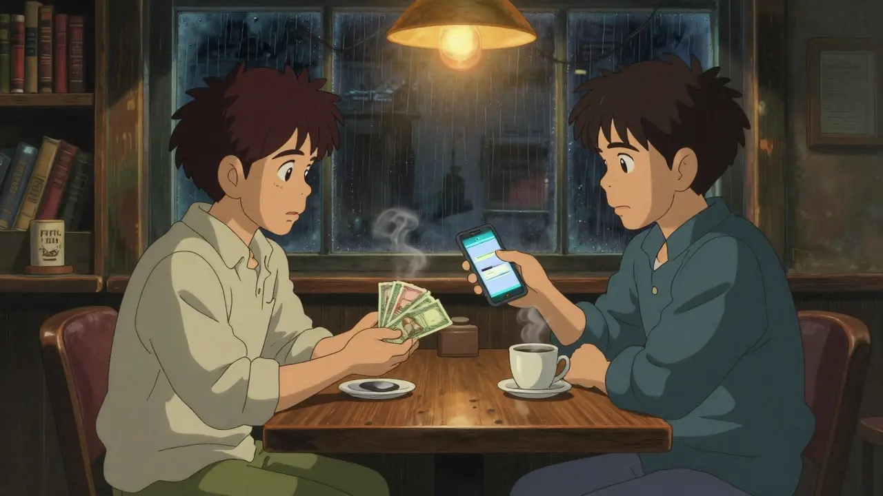 Two people exchanging cash for crypto in a cozy cafe