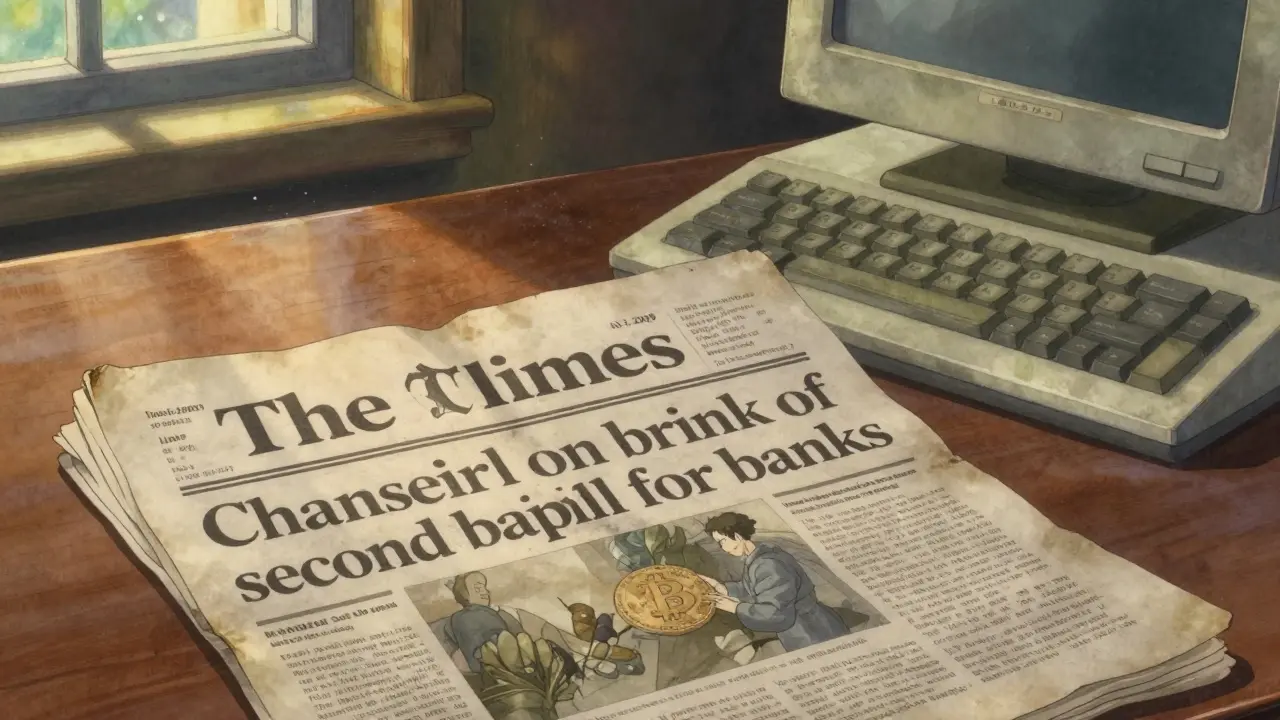 Vintage newspaper headline from 2009 next to a computer, symbolizing Bitcoin's origin.
