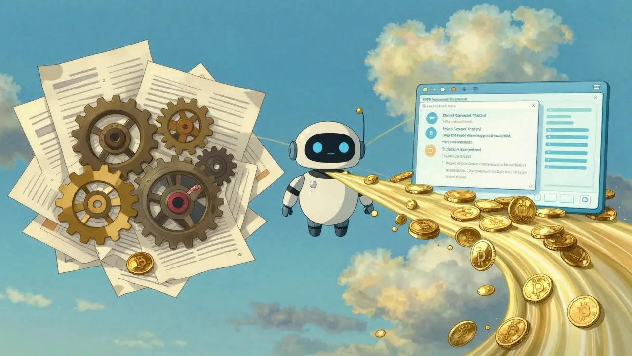 Whimsical anime art showing AI connecting messy docs to smooth crypto payments
