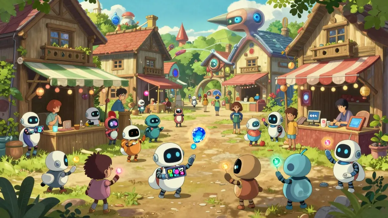 Whimsical Ghibli marketplace with AI spirits and gamers exchanging glowing tokens