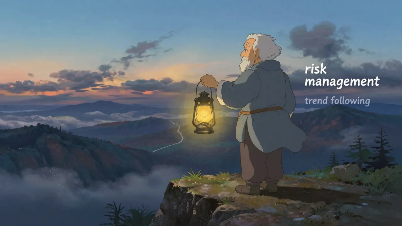 Wise mentor on a cliff holding a lantern, symbolizing risk management and patience.
