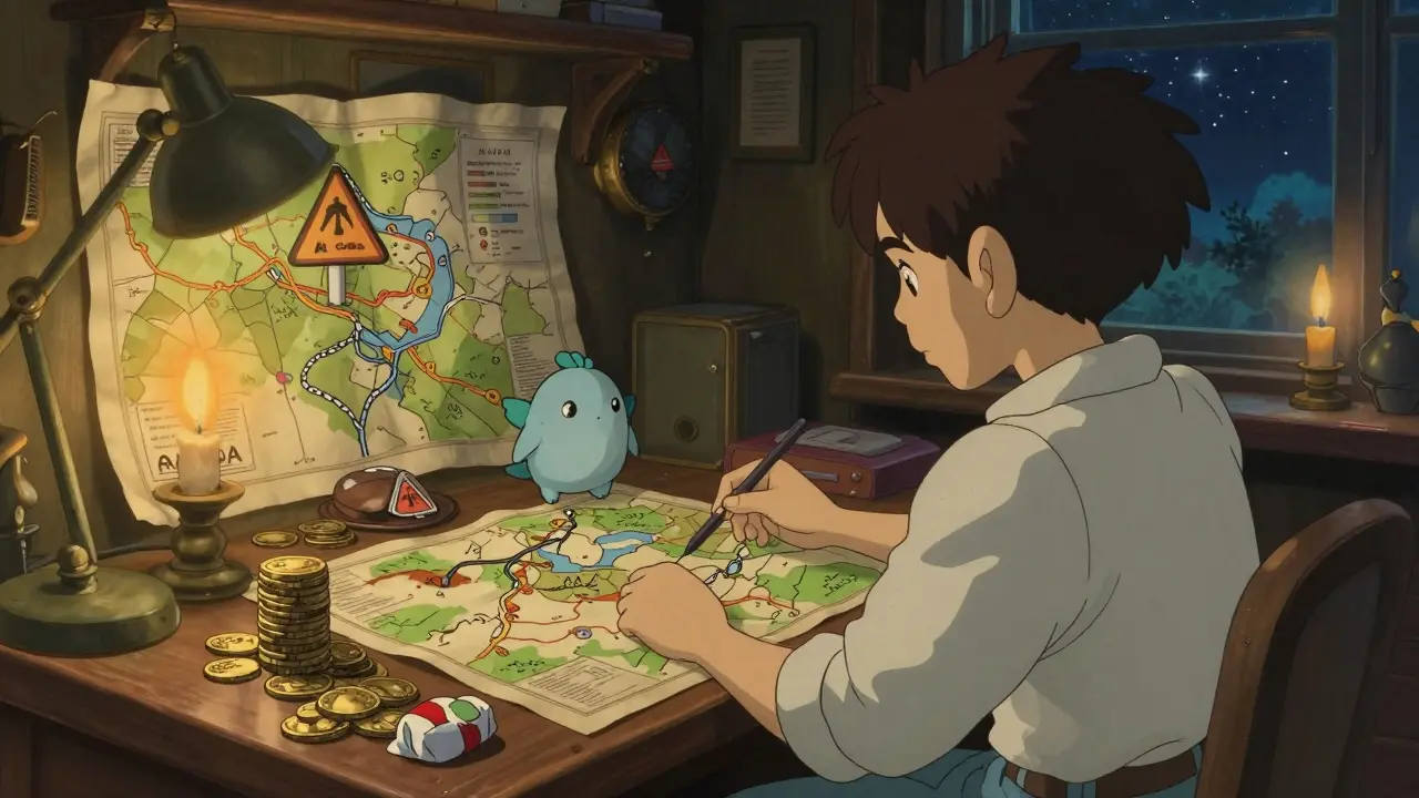 A character studying a map of risks in a cozy workshop, illustrating the caution needed for cross-chain DeFi.