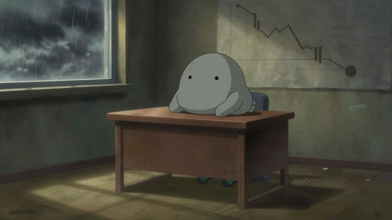 A deflated, grey coin creature sitting alone in a dark, neglected room.