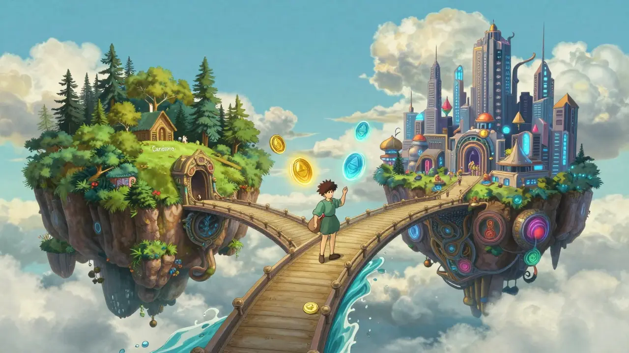 A magical bridge transforming coins as they cross from a forest island to a futuristic city, representing WADA bridging.