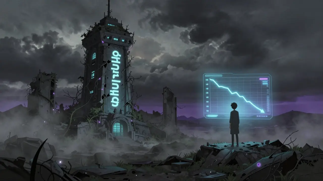 Abandoned, crumbling digital ruins representing the platform's shutdown