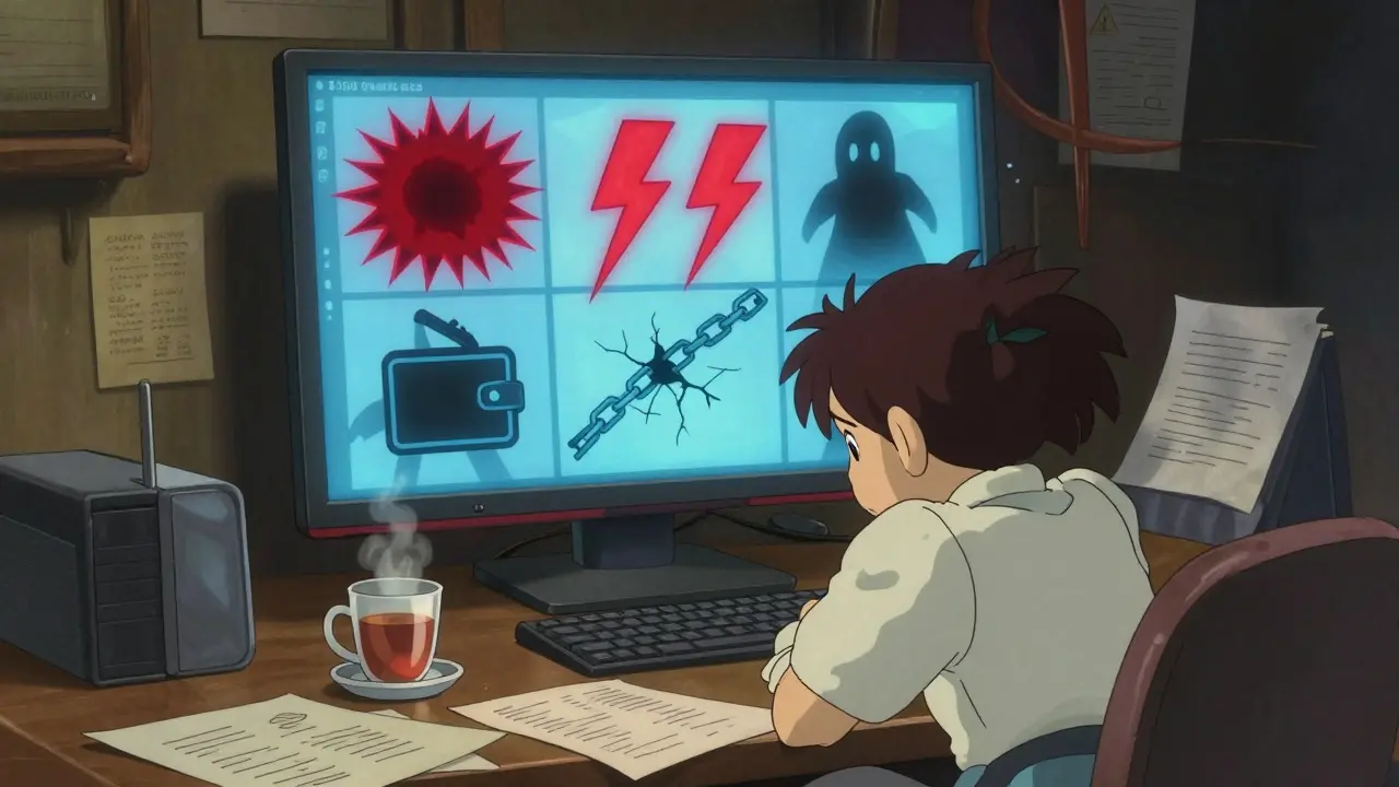 Anime scene showing red flag symbols and shadows around a crypto user's desk.