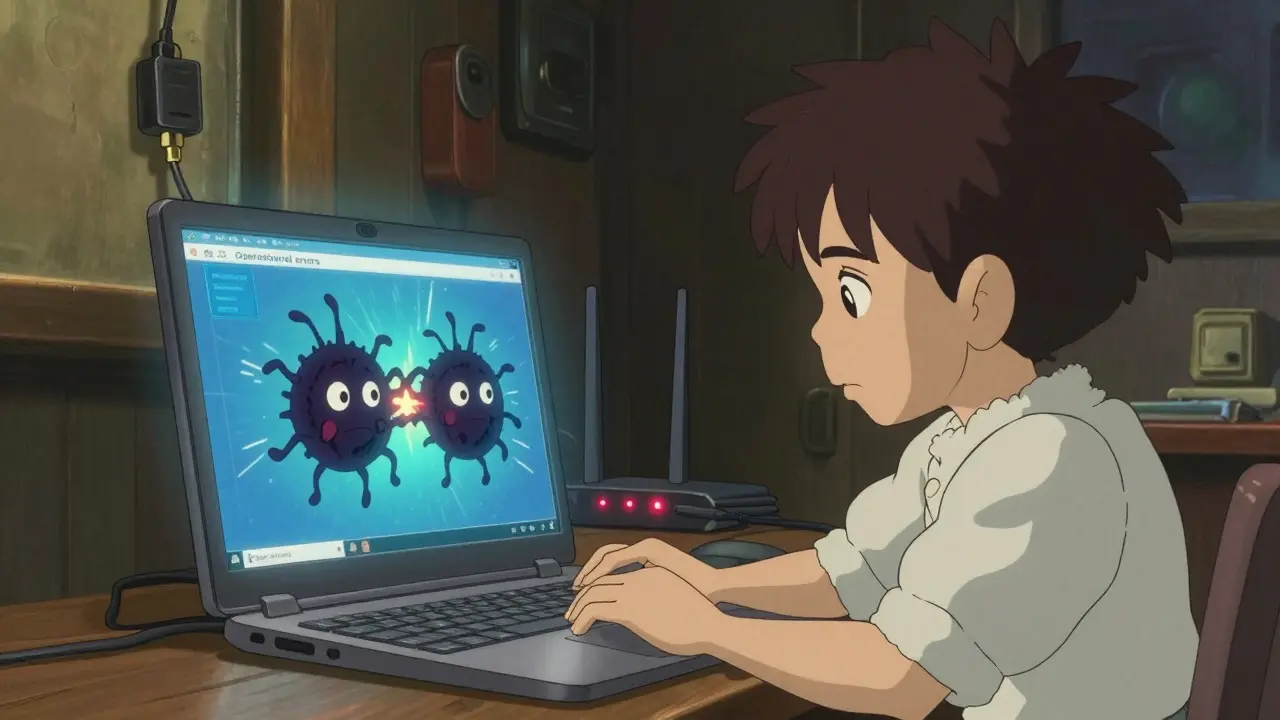 Anime-style chaotic desk with tangled software sprites causing validator errors.