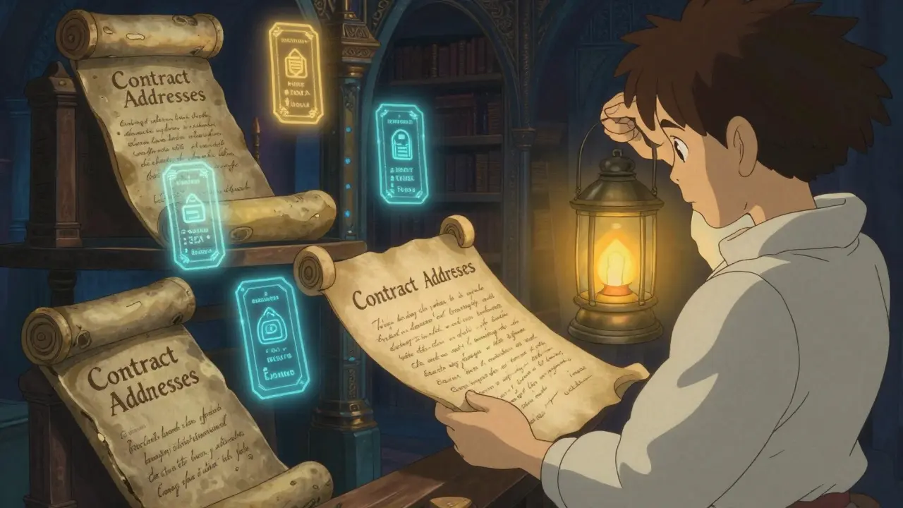 Character verifying digital tokens against ancient scrolls in a mystical Ghibli-style archive