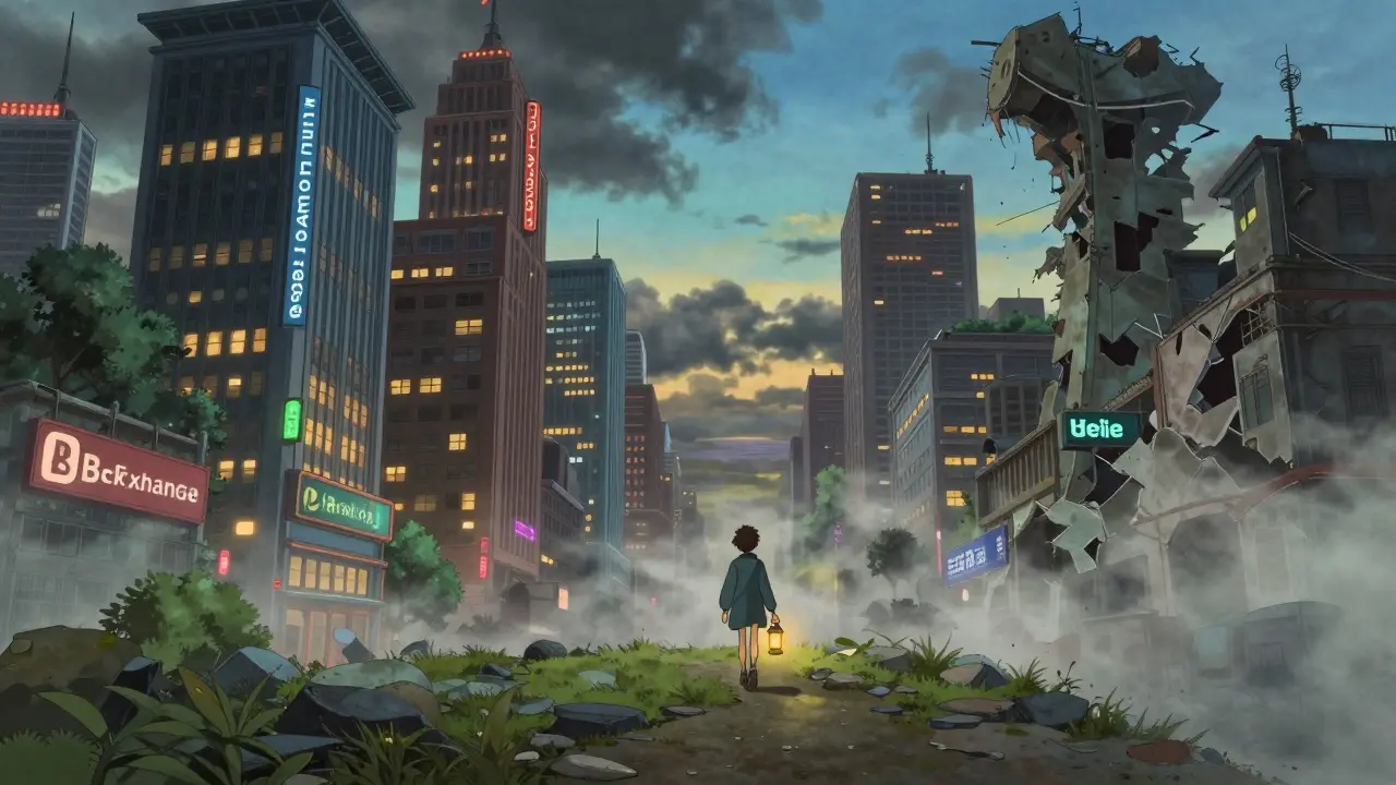 Character walking from misty scams to safe city