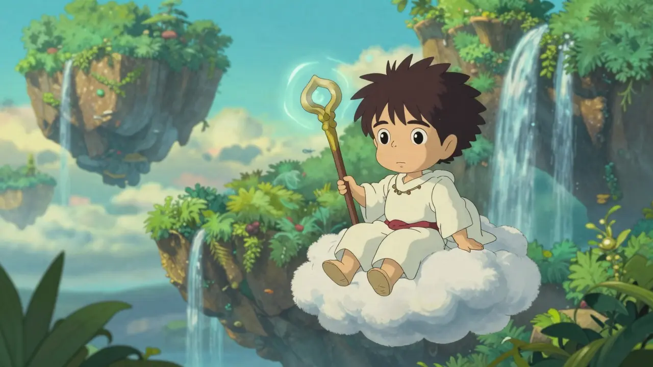 Chibi mythological god resting on a cloud in a serene, magical Studio Ghibli landscape