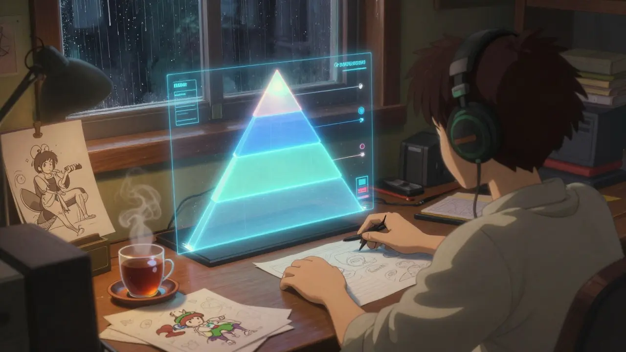 Cozy desk scene with holographic tiered pyramid and gaming notes