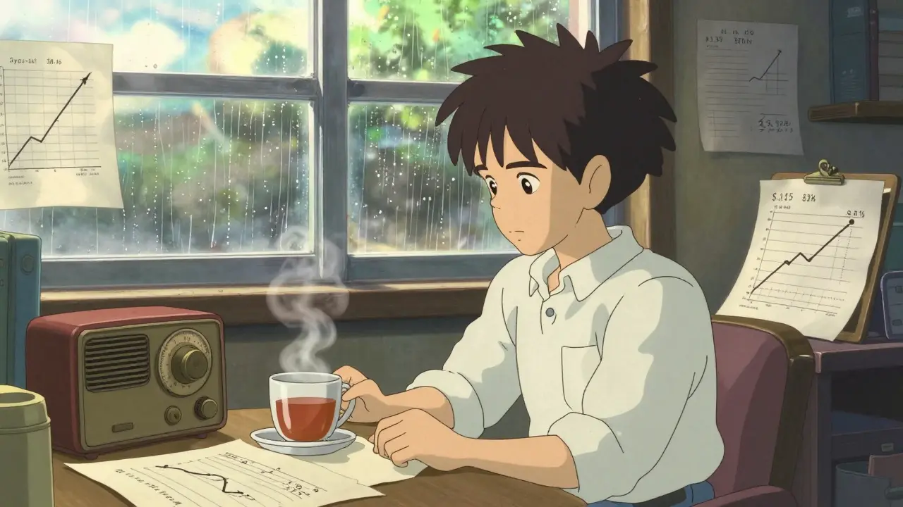 Cozy Ghibli room with sunlight and abstract market trend papers