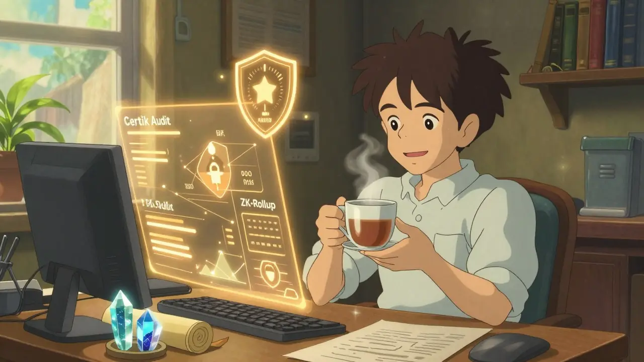 Cozy Ghibli scene of a trader surrounded by golden security shields and floating data.