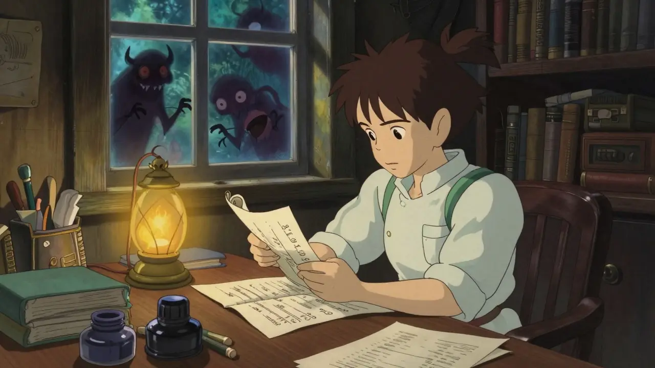 Cozy room with character organizing records while shadows lurk outside