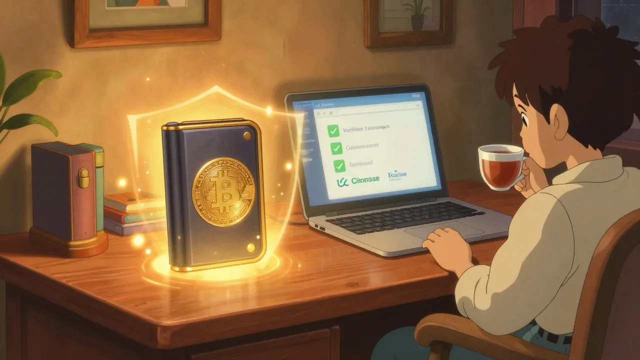 Cozy room with glowing hardware wallet and secure laptop setup