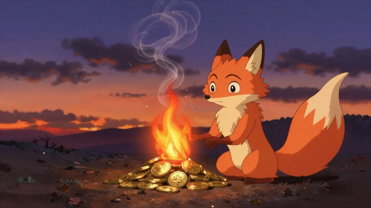 Elemental spirit burning golden coins into stardust in a twilight Studio Ghibli scene