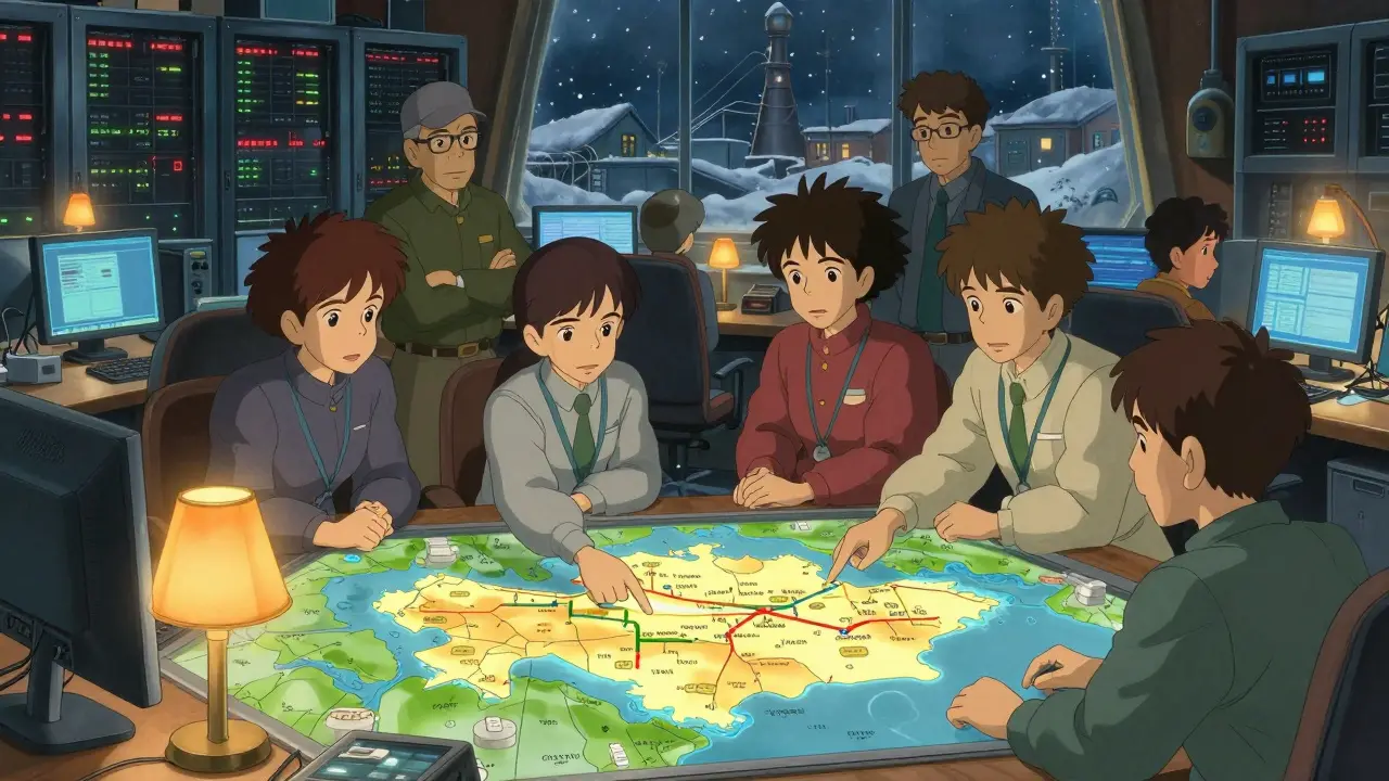 Engineers planning energy distribution in control room