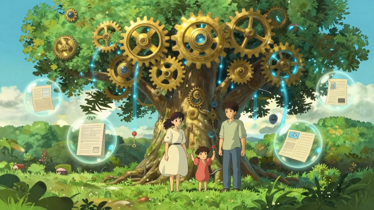 Family protected by a magical tech-tree vault with encrypted docs, Ghibli style