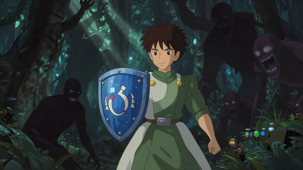 Fantasy anime scene showing a guardian protecting against crypto scam monsters