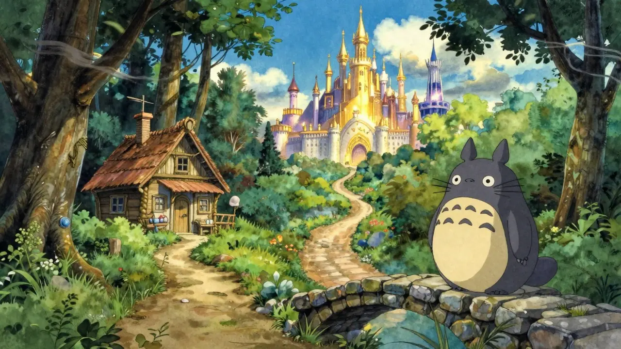 Fork in the road comparing exchange options in Studio Ghibli art