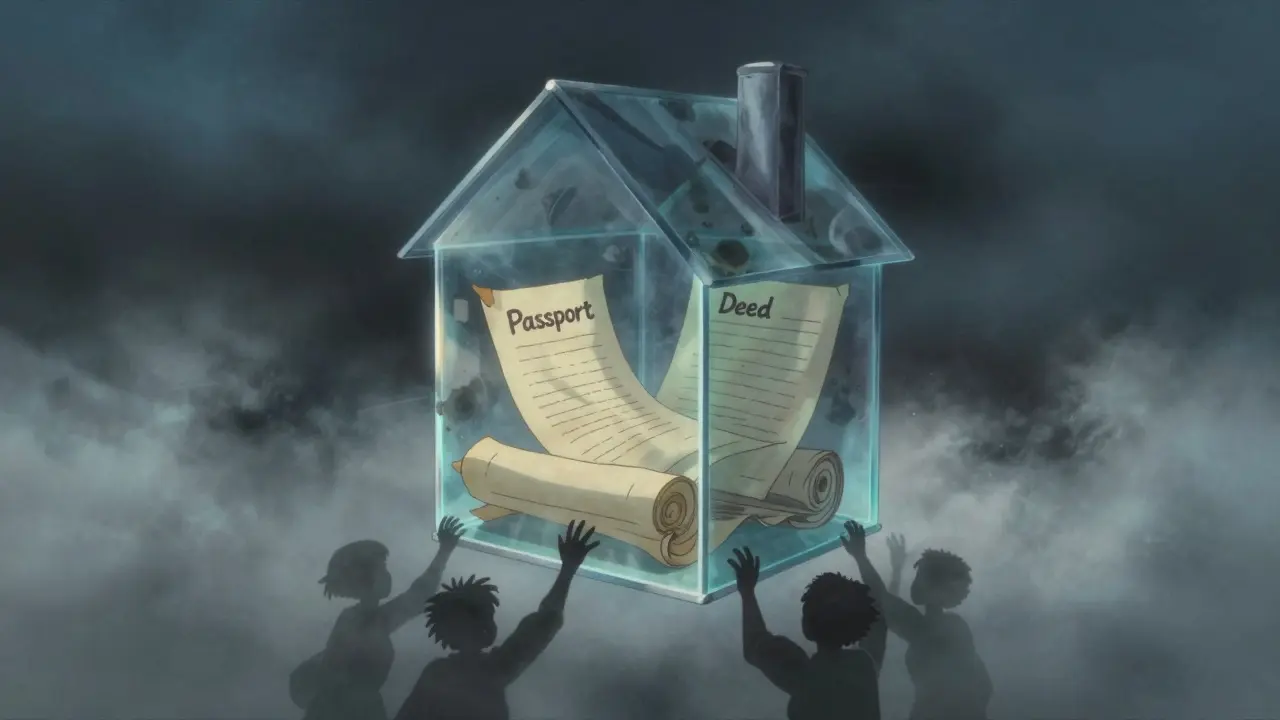 Fragile documents in a glass house threatened by shadows, Ghibli style